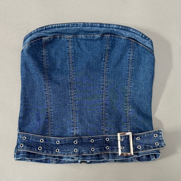silence + noise Tops - Silence + Noise Denim Strapless Top with Belt